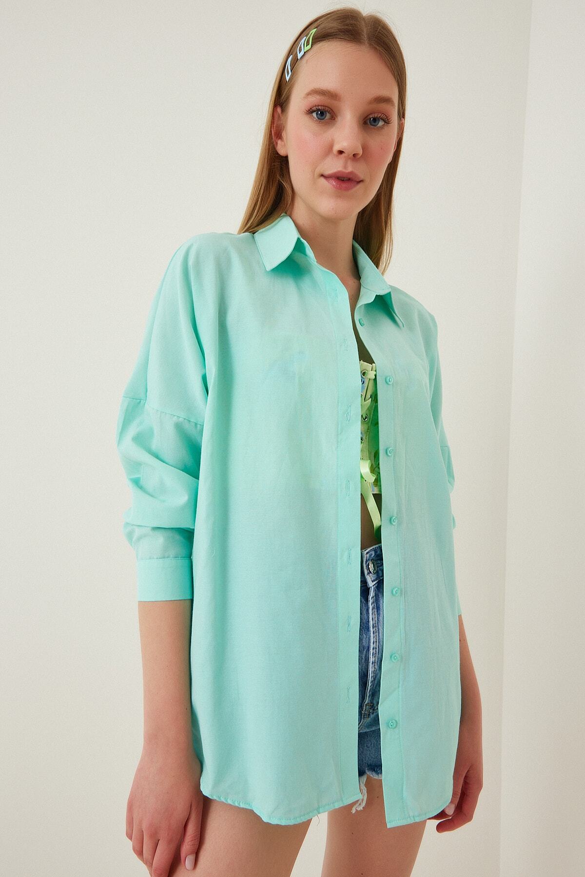 Mint Yeşili Oversize Uzun Basic Gömlek DD00842