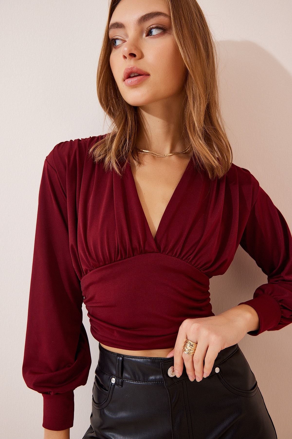 Bordo Derin V Yaka Crop Sandy Örme Bluz BF00050