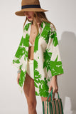 Bej Yeşil Desenli Keten Viskon Kimono BH00381