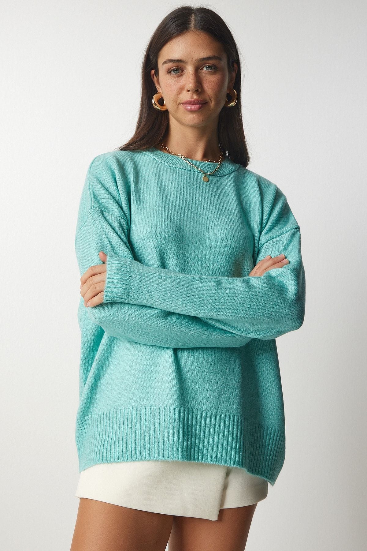 Su Yeşili Bisiklet Yaka Oversize Triko Kazak BV00085