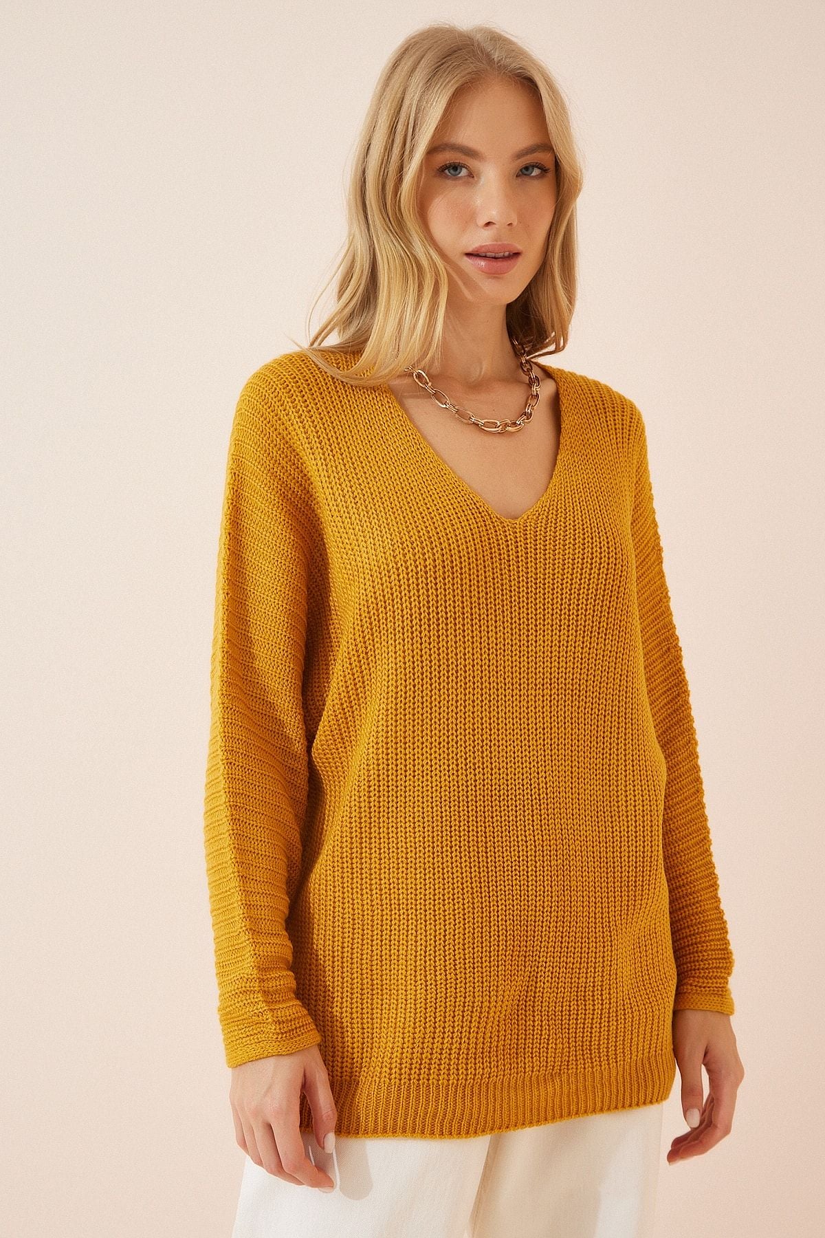 Hardal V Yaka Selanik Örgü Oversize Triko Kazak ZA00059