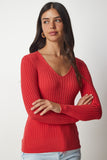Koyu Oranj V Yaka Fitilli Basic Bluz BV00096