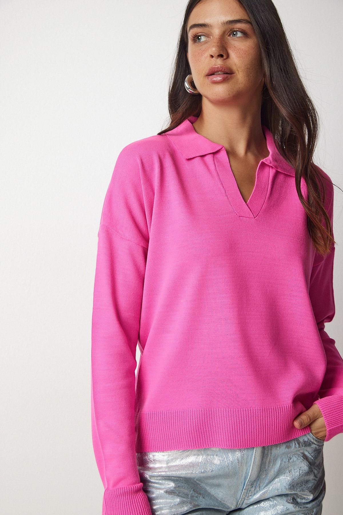 Fuşya Polo Yaka Basic Kazak bv00094