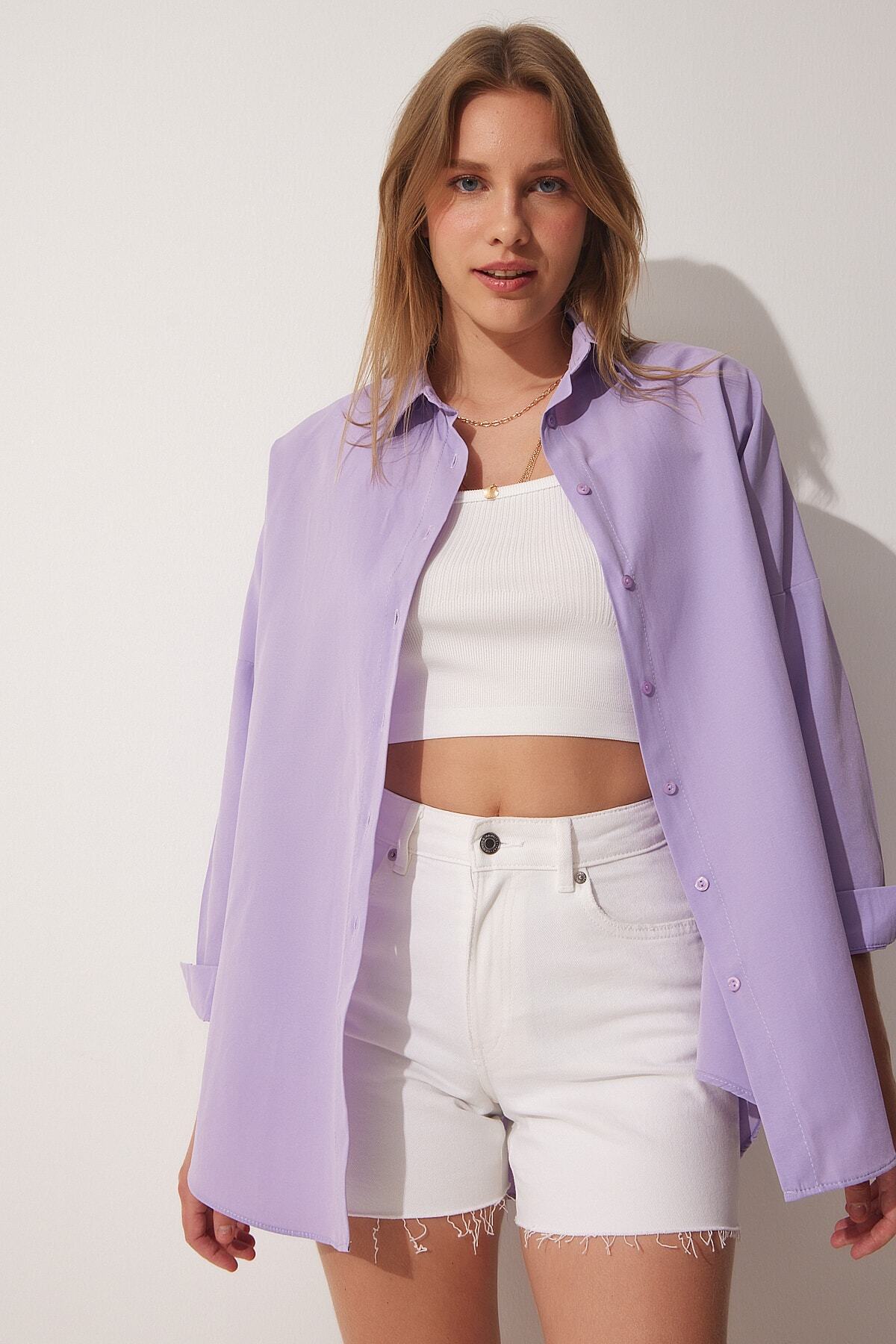 Açık Lila Oversize Uzun Basic Gömlek  DD00842