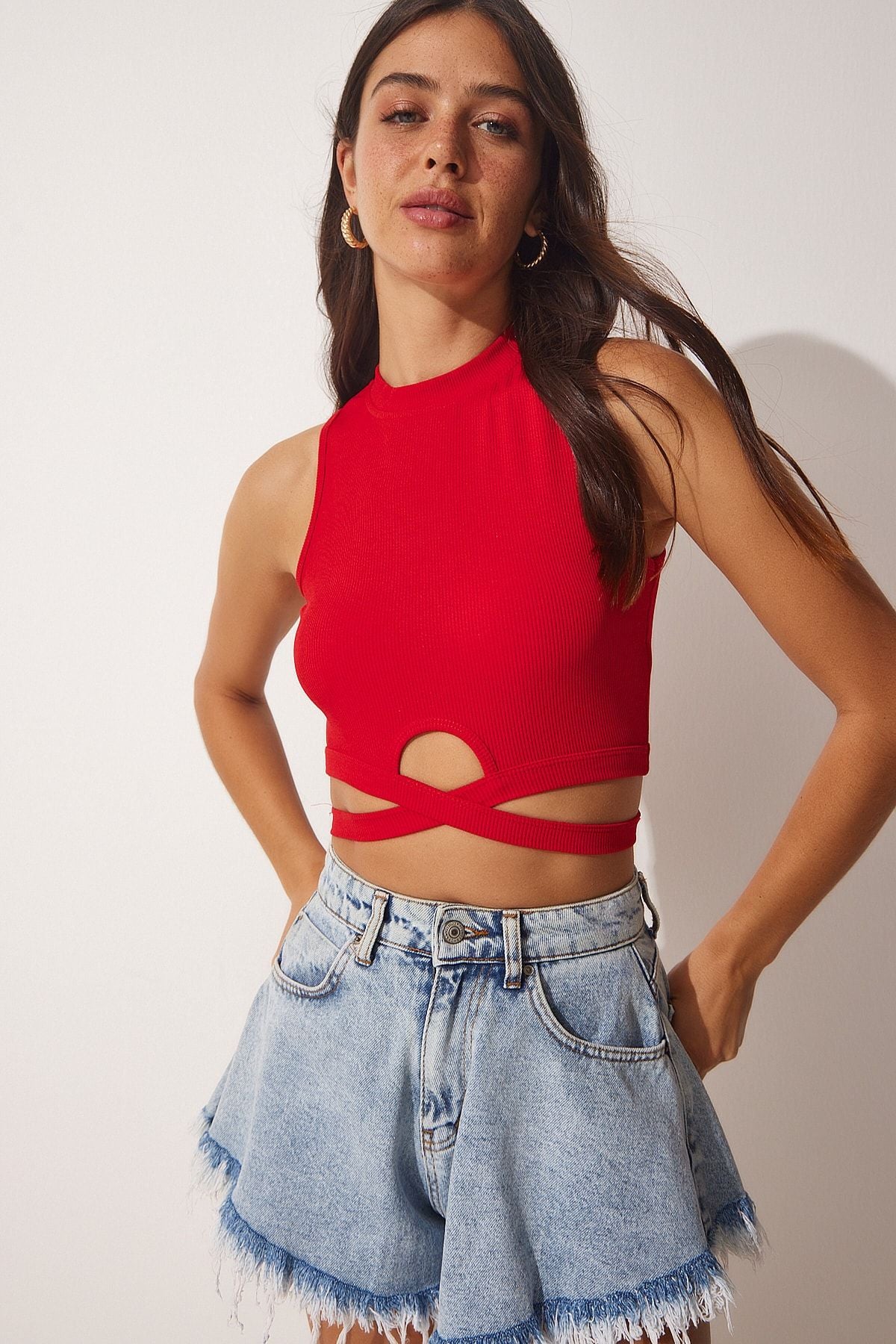Kırmızı Mavi 2'Li Halter Yaka Fitilli Crop Örme Bluz CE00077