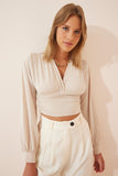Krem Derin V Yaka Crop Sandy Örme Bluz BF00050