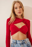 Kırmızı Cut Out Detaylı Crop Sandy Örme Bluz YK00047