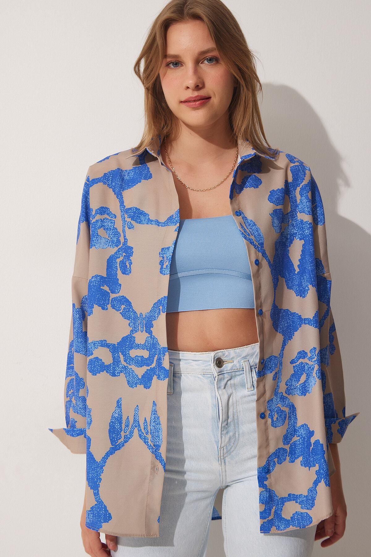 Mavi Bej Desenli Oversize Poplin Gömlek DD01227