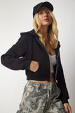 Siyah Kapüşonlu Fermuarlı Crop Sweatshirt UB00136