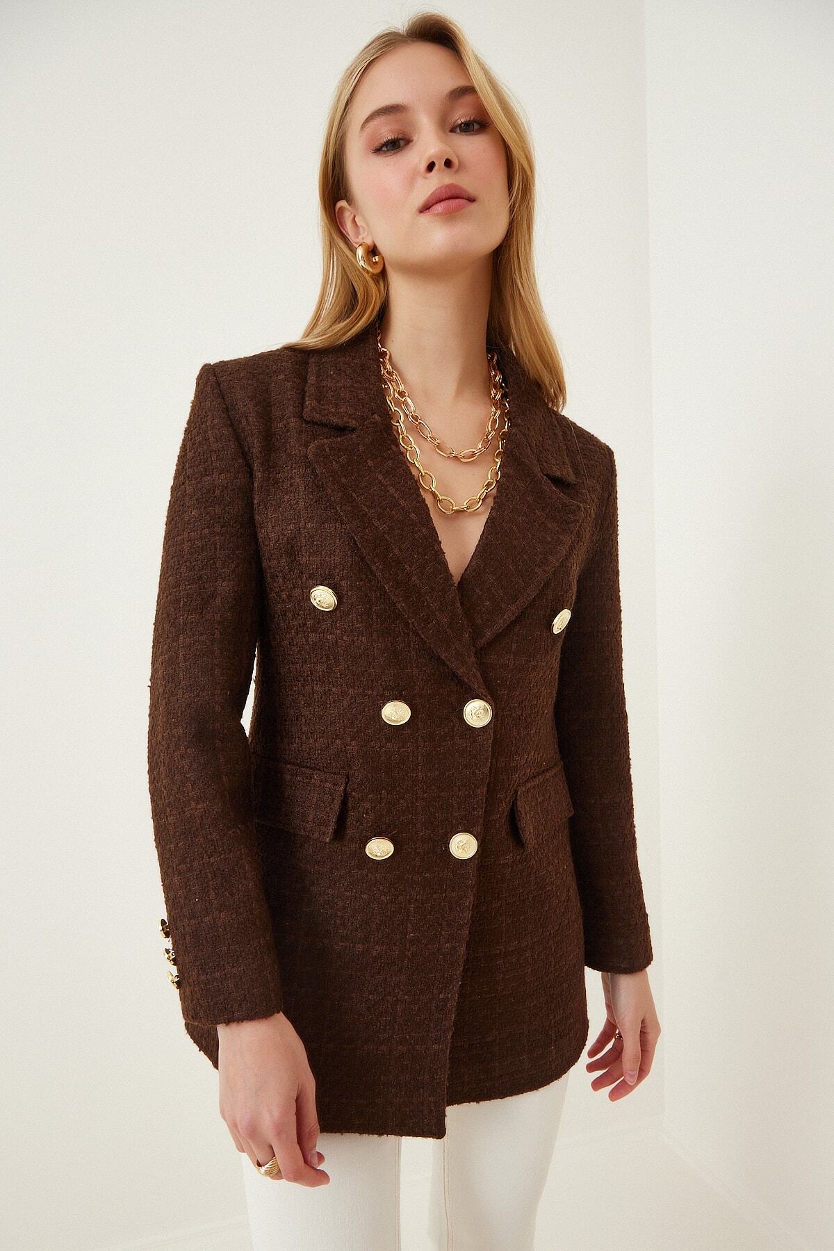 Kahverengi Düğmeli Blazer Tüvit Ceket WF00004