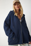 Lacivert Kapüşonlu Fermuarlı Oversize Sweatshirt UB00124