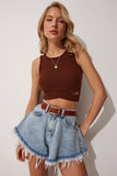 Kahverengi Cut Out Detaylı Crop Örme Bluz MC00179