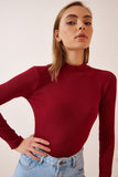 Bordo Balıkçı Yaka Fitilli Örme Bluz GT00054
