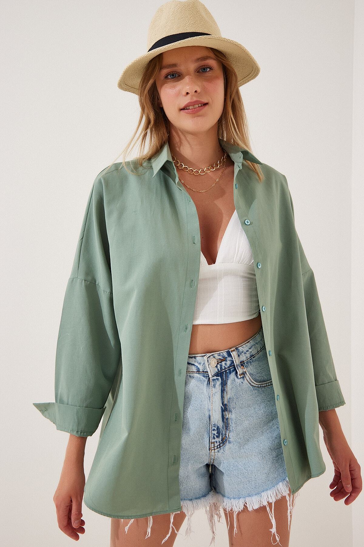 Koyu Çağla Yeşili Oversize Uzun Basic Gömlek DD00842