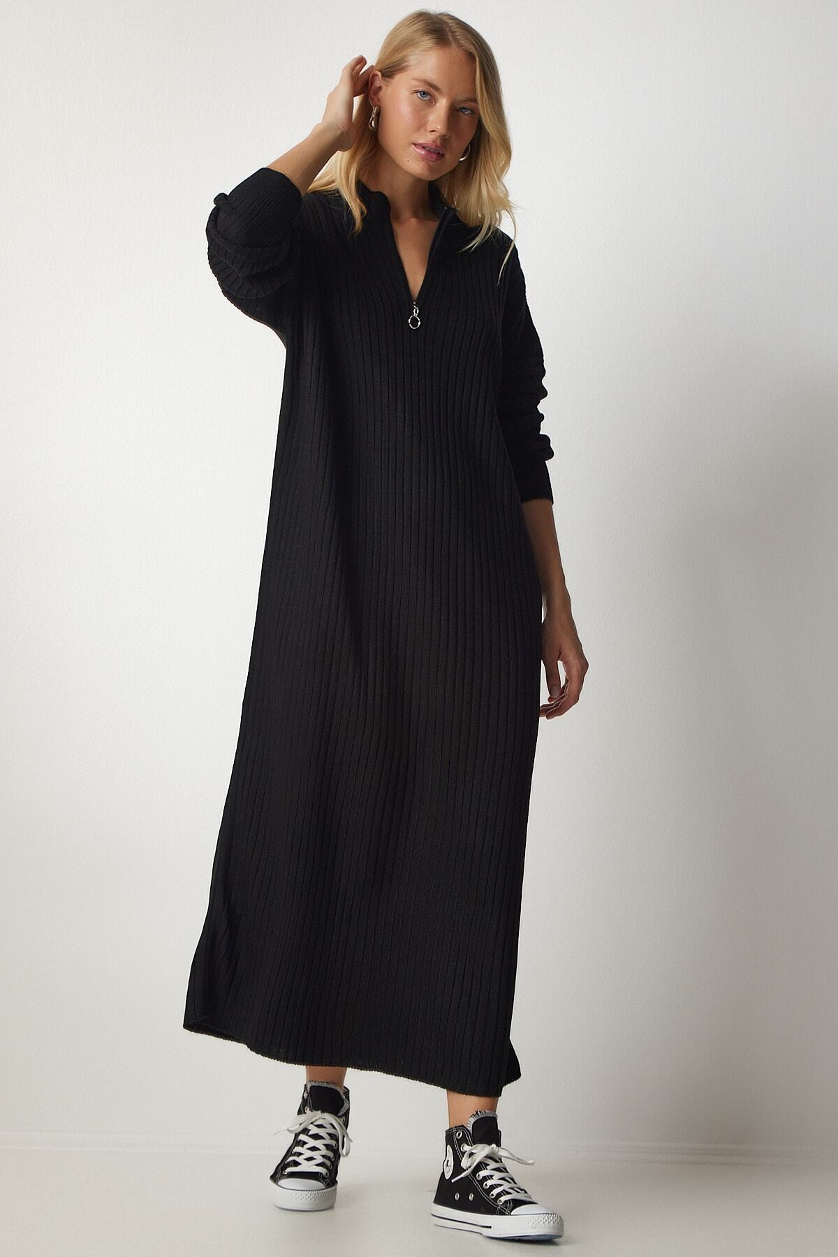 Siyah Fitilli Oversize Triko Elbise DD01251