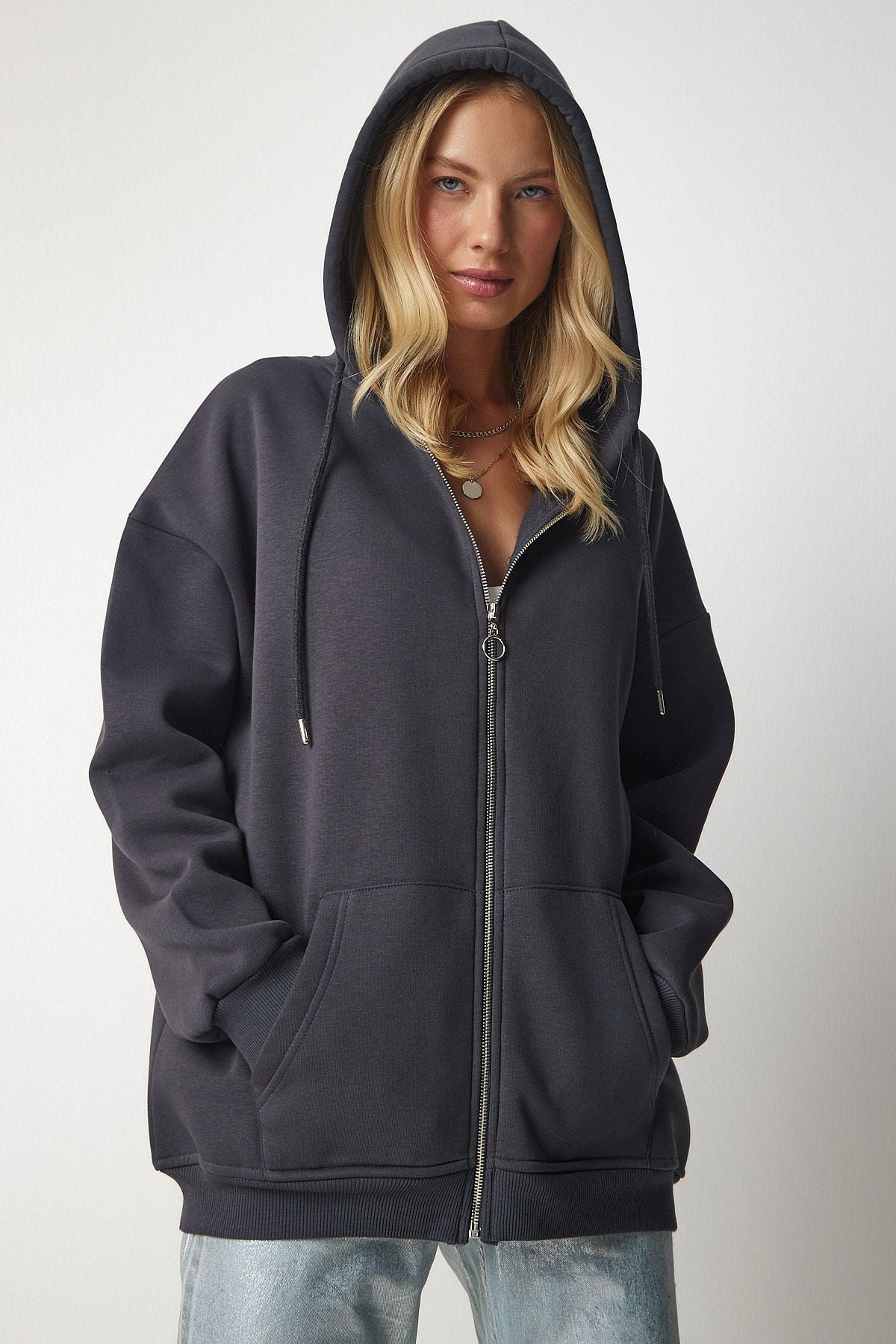 Antrasit Kapüşonlu Fermuarlı Oversize Sweatshirt UB00124