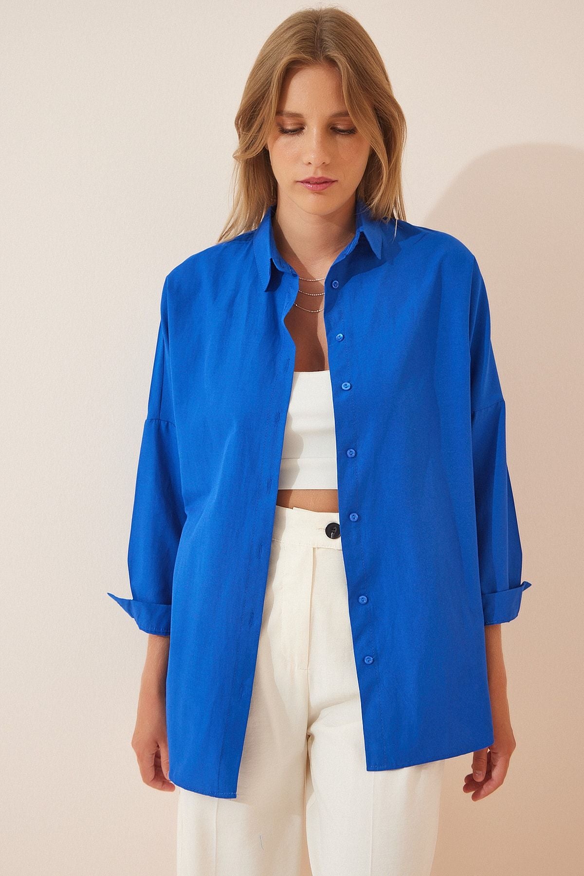 Koyu Mavi Oversize Uzun Basic Gömlek DD00842