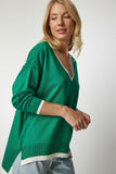 Yeşil V Yaka Oversize Triko Kazak BV00081