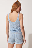 Gök Mavi Püsküllü Ajurlu  Crop Triko Bluz MC00189