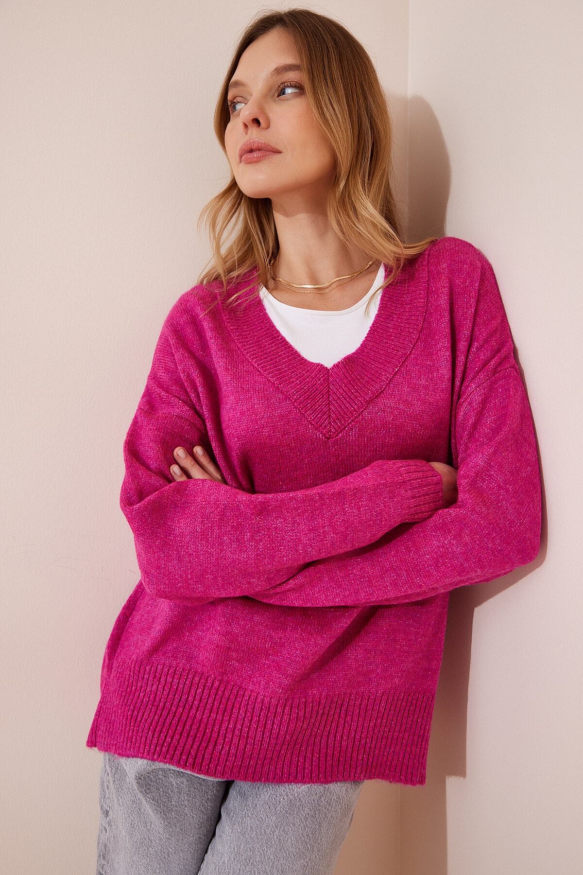 Pembe V Yaka Oversize Triko Kazak  BV00003