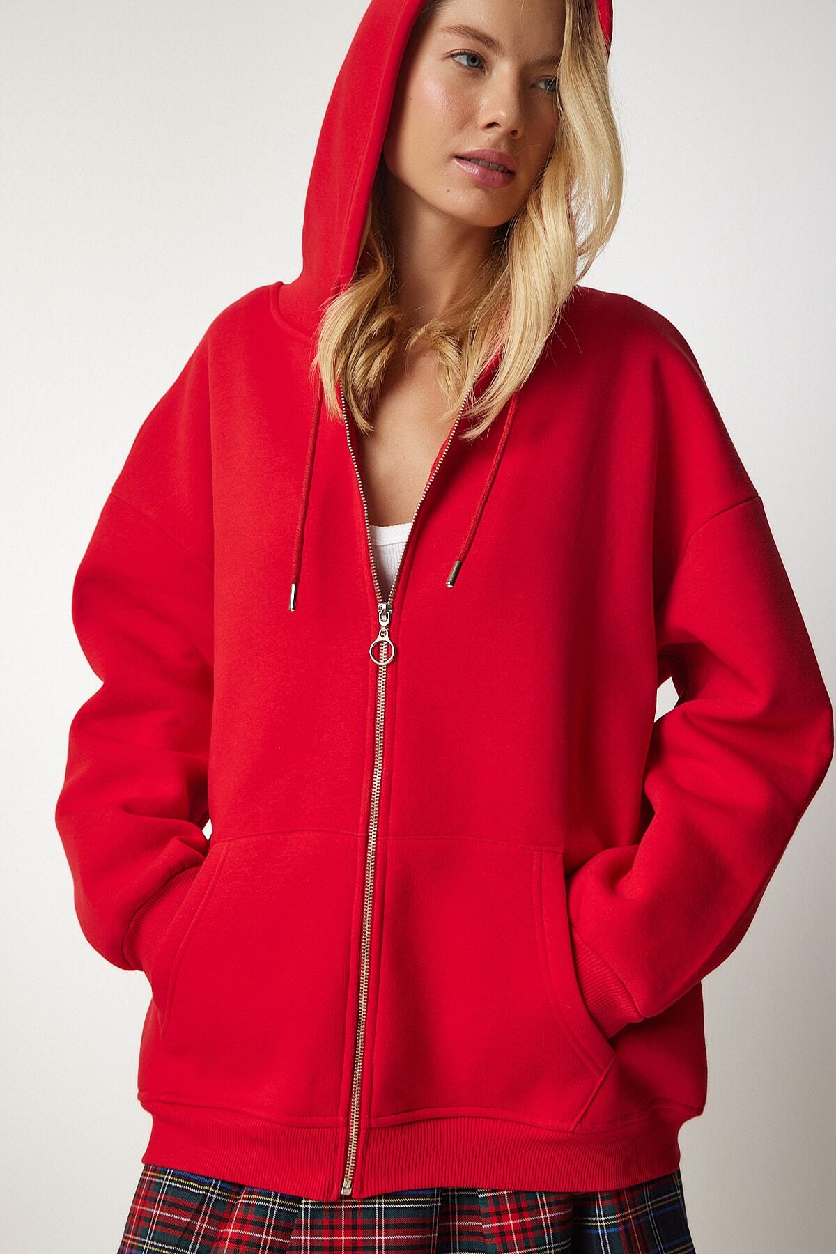 Kırmızı Kapüşonlu Fermuarlı Oversize Sweatshirt UB00124