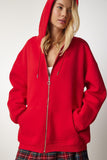 Kırmızı Kapüşonlu Fermuarlı Oversize Sweatshirt UB00124