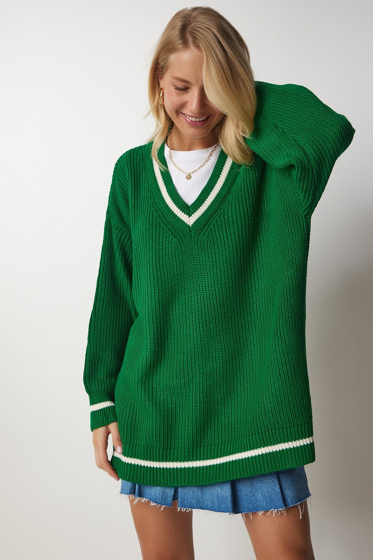 Yeşil V Yaka Oversize Uzun Triko Kazak  BP00140