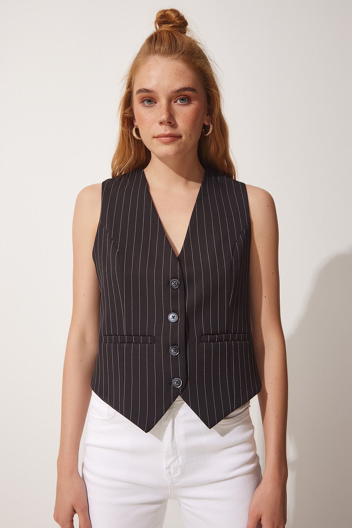 crop çizgili dokuma siyah yelek yeni model