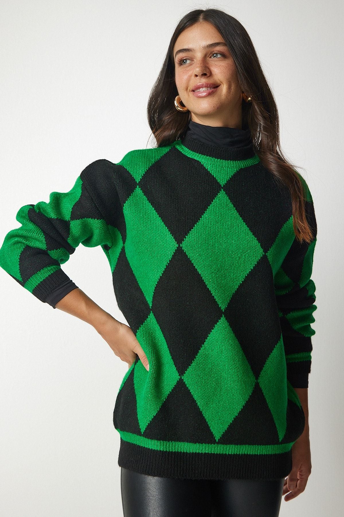 Yeşil Baklava Desenli Oversize Triko Kazak YY00161