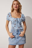 Gök Mavi Çiçekli Büzgü Yakalı Örme Crop Bluz HK00021