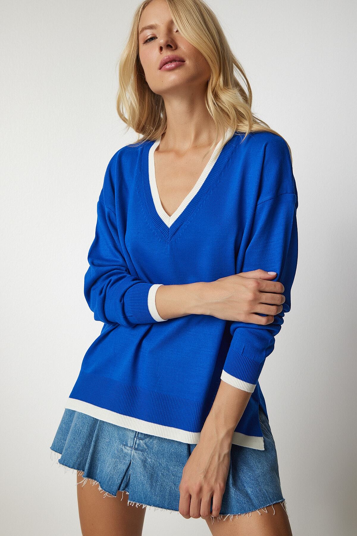 Mavi V Yaka Oversize Triko Kazak BV00081