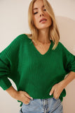 Yeşil V Yaka Selanik Örgü Oversize Triko Kazak ZA00059
