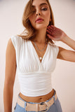 Ekru Derin V Yakalı Crop Sandy Örme Bluz BF00039