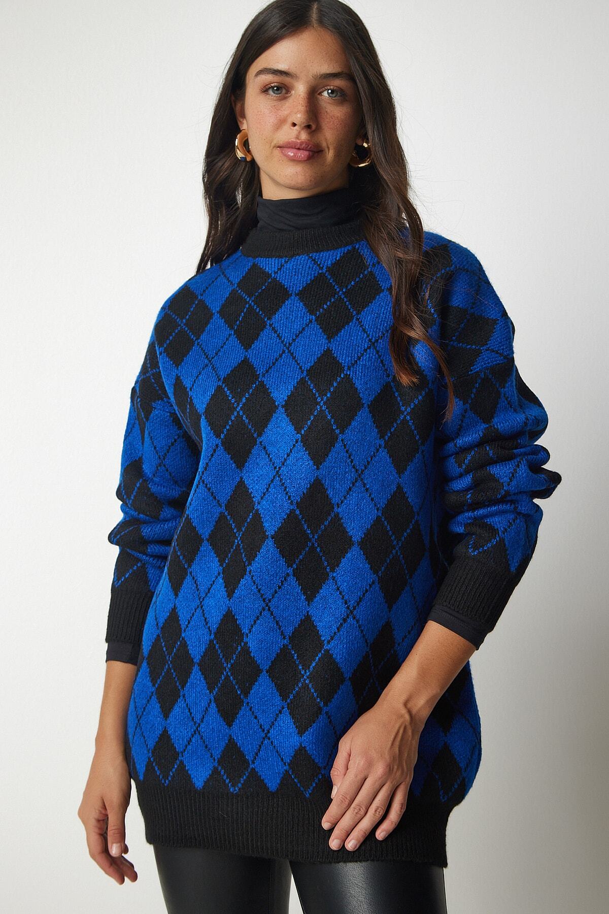 Mavi Baklava Desenli Oversize Triko Kazak YY00162