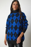 Mavi Baklava Desenli Oversize Triko Kazak YY00162