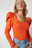 Oranj Kare Yaka Fitilli Triko Bluz YY00159
