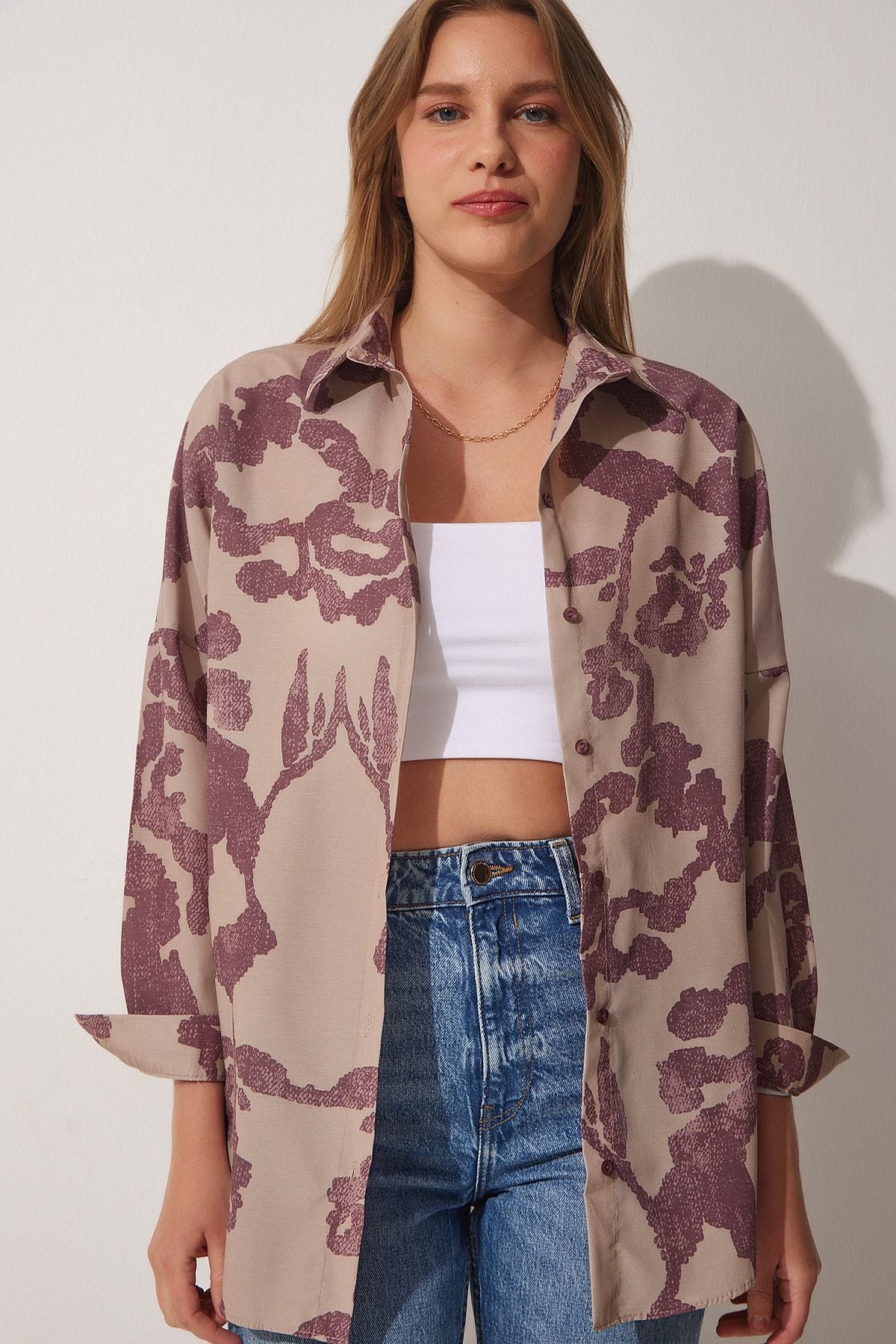 Mürdüm Bej Desenli Oversize Poplin Gömlek DD01227