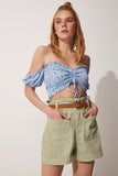 Mavi Baskılı Crop Viskon Örme T-Shirt UB00084
