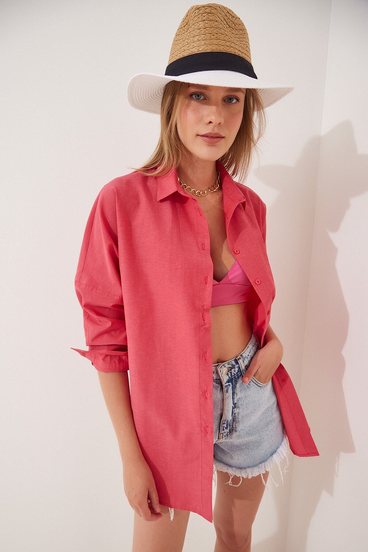 Nar Çiçeği Oversize Uzun Basic Gömlek DD00842
