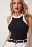 Kontrast Şeritli Halter Yaka Crop Bluz