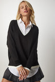 Siyah V Yaka Oversize Triko Kazak BV00081