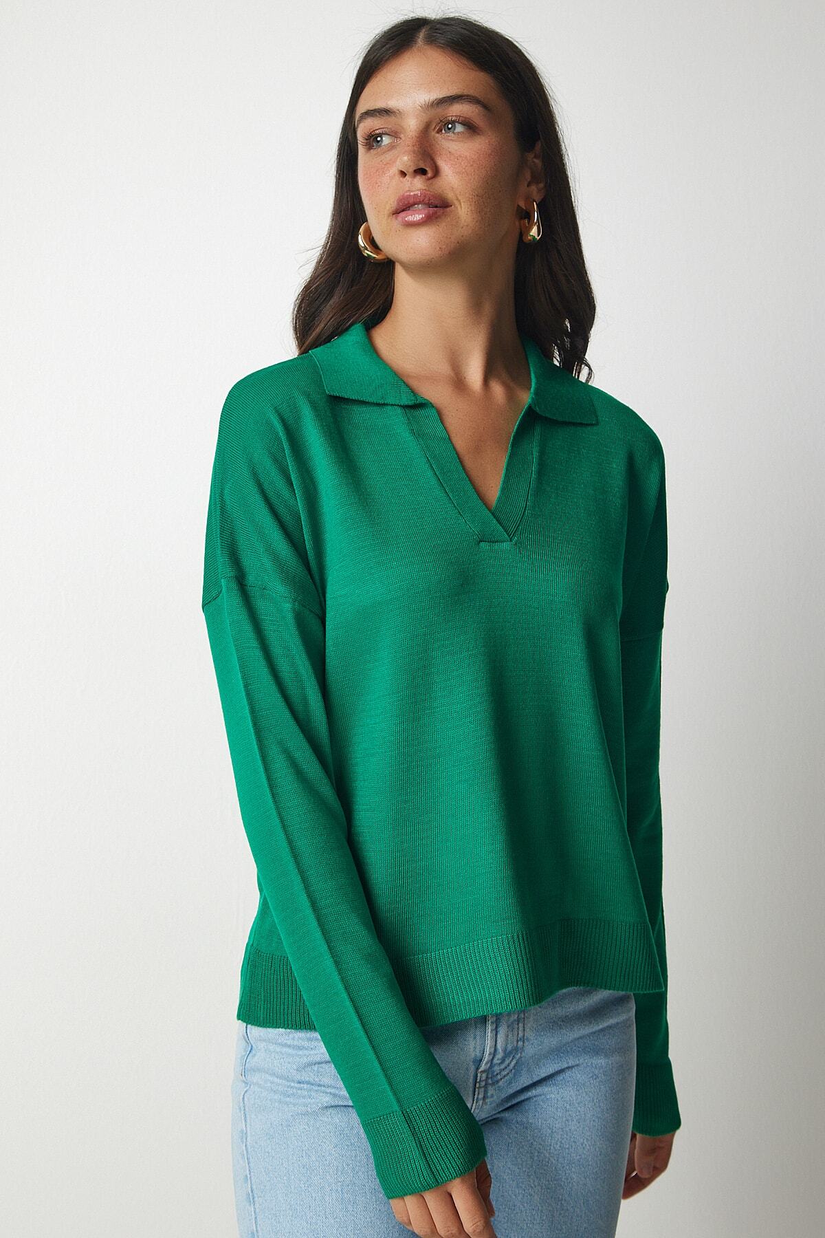 Koyu Yeşil Polo Yaka Basic Kazak bv00094