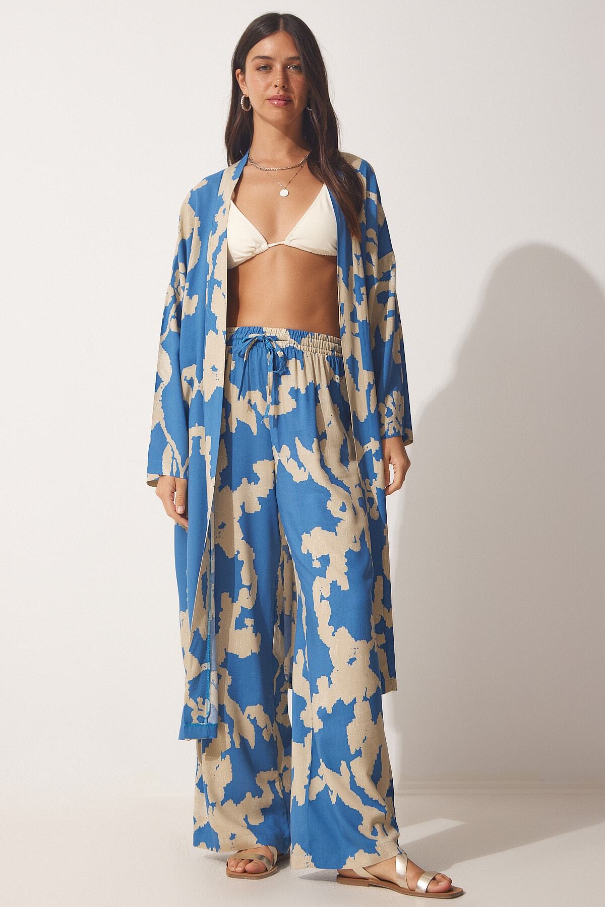 Mavi Bej Desenli Viskon Kimono Palazzo Pantolon Takım CI00086