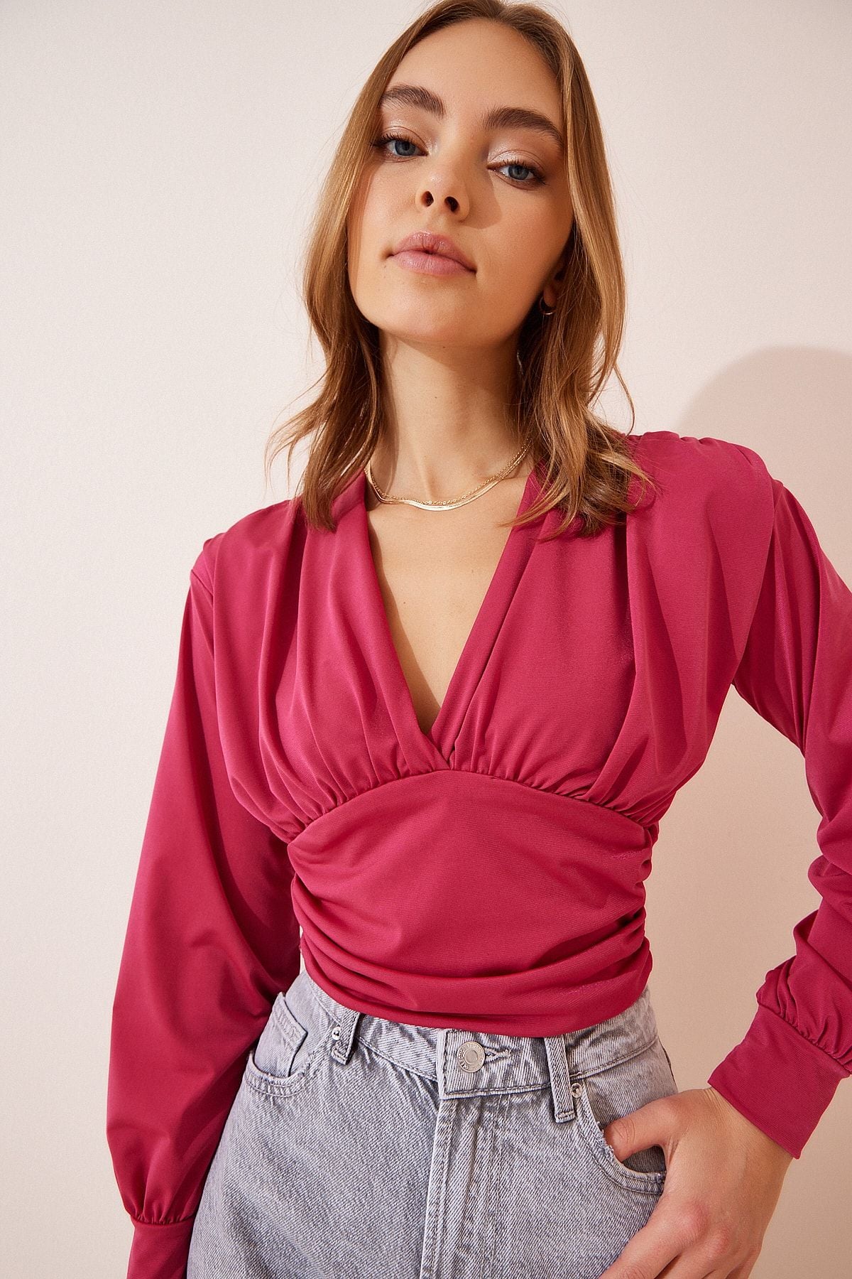 Koyu Pembe Derin V Yaka Crop Sandy Örme Bluz BF00050