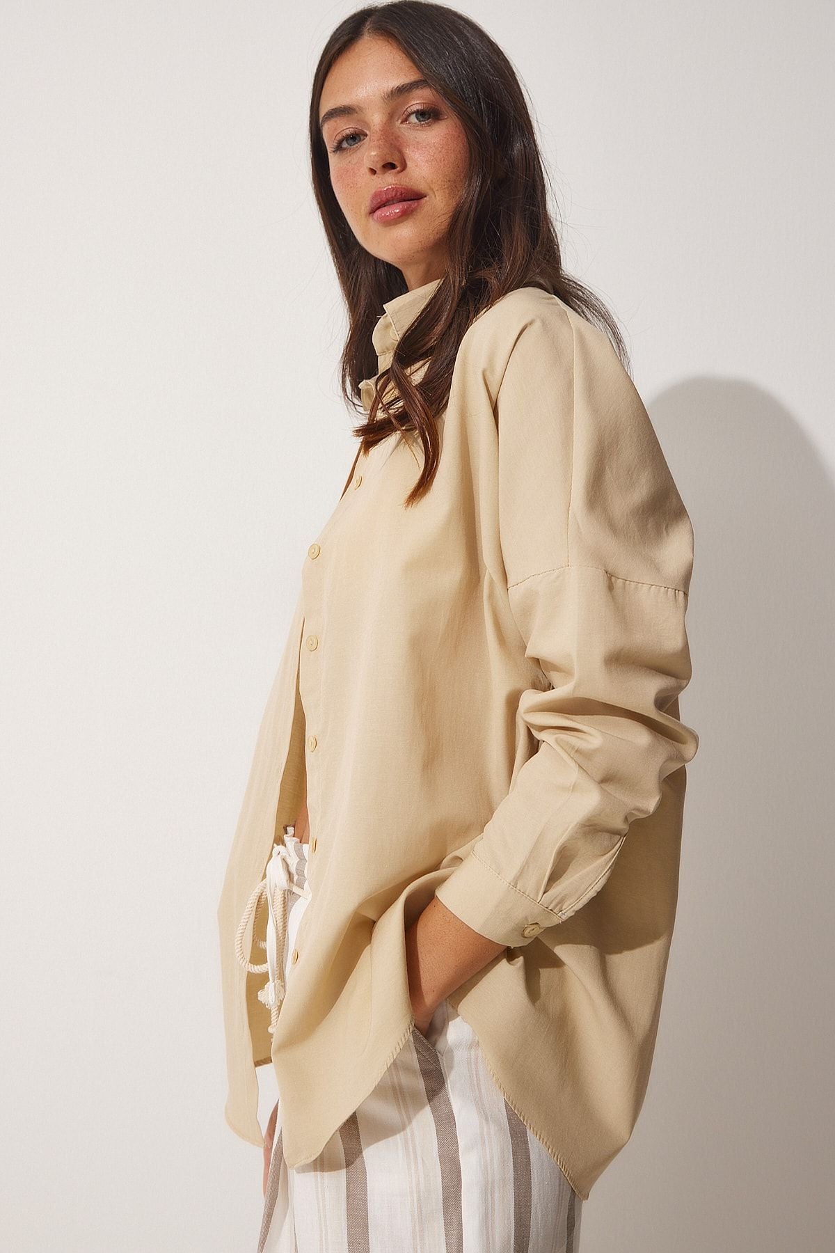 Koyu Krem Oversize Uzun Basic Gömlek  DD00842