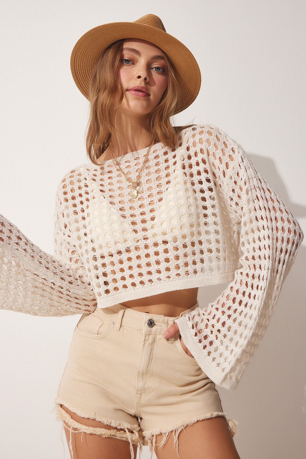 Krem Ajurlu Crop Triko Bluz YY00151