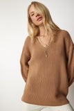 Bisküvi V Yaka Oversize Basic Triko Kazak MX00130