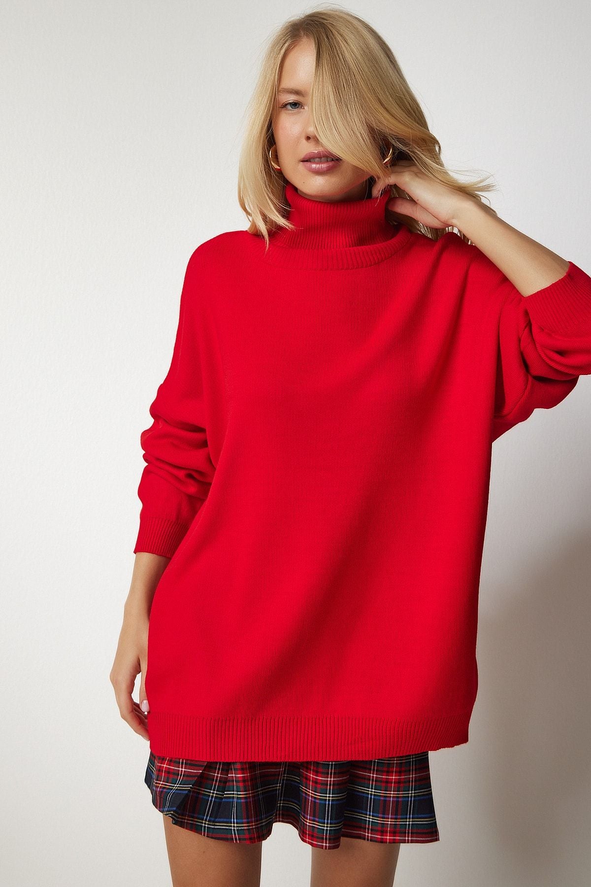 Kırmızı Balıkçı Yaka Oversize Triko Kazak BV00084