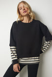 Siyah Çizgili T-Shirt Parçalı Örme Sweatshirt CR00413