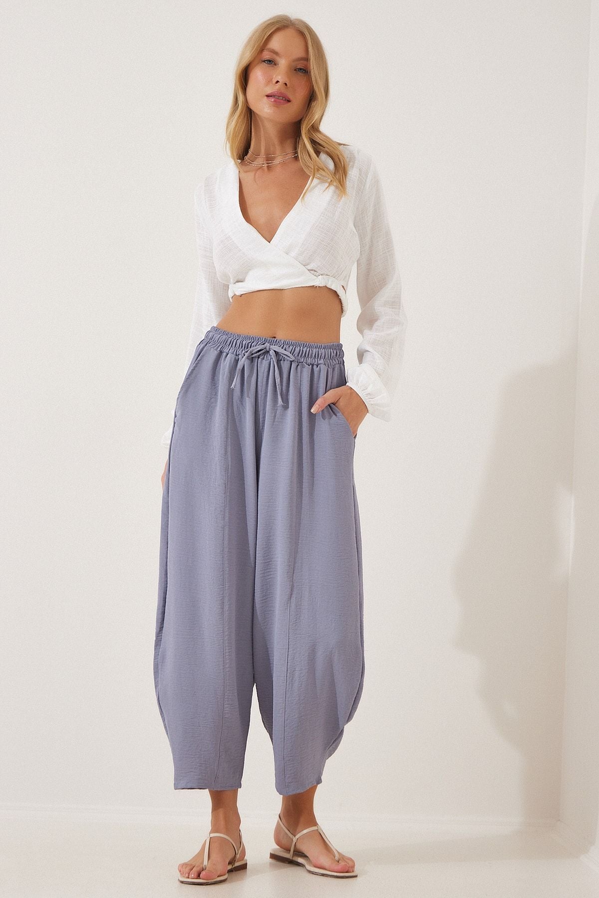 Gri Keten Şalvar Pantolon CI00036